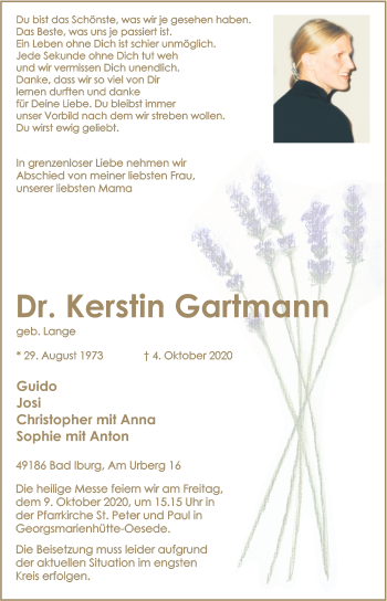 Traueranzeige von Kerstin Gartmann von Neue Osnabrücker Zeitung GmbH & Co. KG