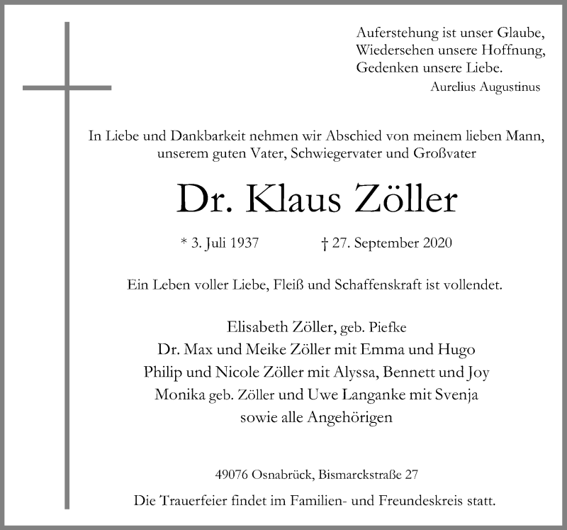  Traueranzeige für Klaus Zöller vom 02.10.2020 aus Neue Osnabrücker Zeitung GmbH & Co. KG