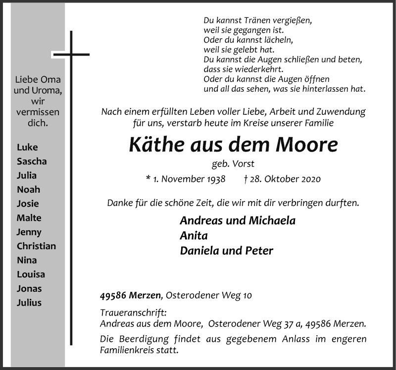  Traueranzeige für Käthe aus dem Moore vom 30.10.2020 aus Neue Osnabrücker Zeitung GmbH & Co. KG