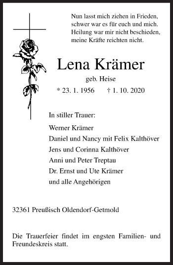 Traueranzeige von Lena Krämer von Neue Osnabrücker Zeitung GmbH & Co. KG