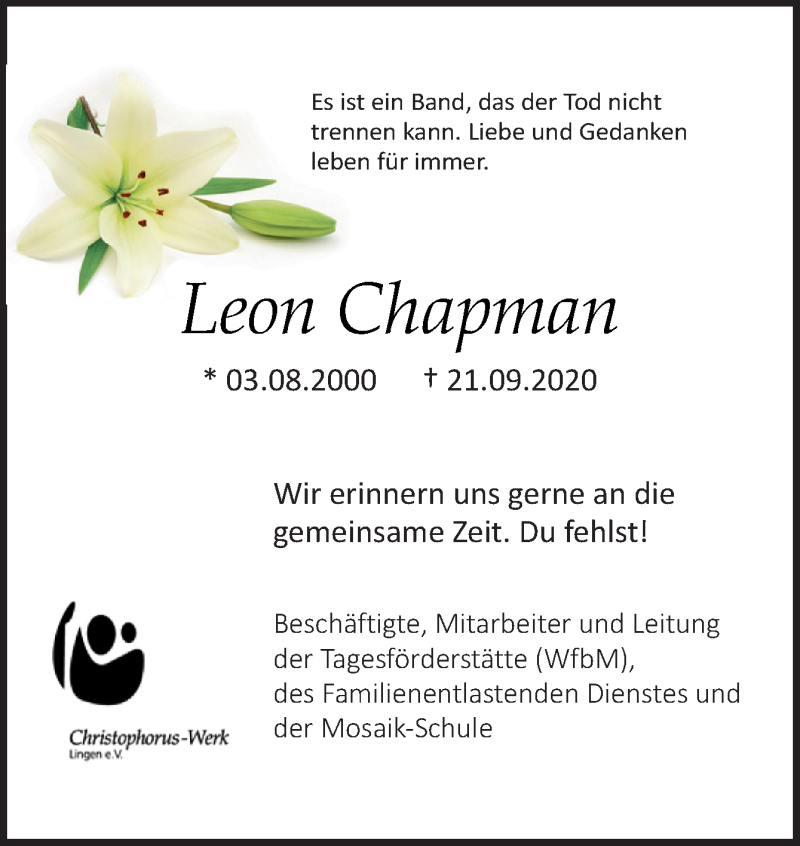  Traueranzeige für Leon Chapman vom 02.10.2020 aus Neue Osnabrücker Zeitung GmbH & Co. KG