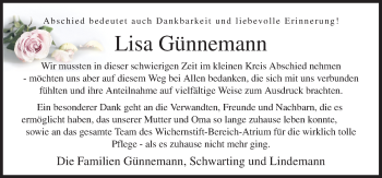 Traueranzeige von Lisa Günnemann von Neue Osnabrücker Zeitung GmbH & Co. KG