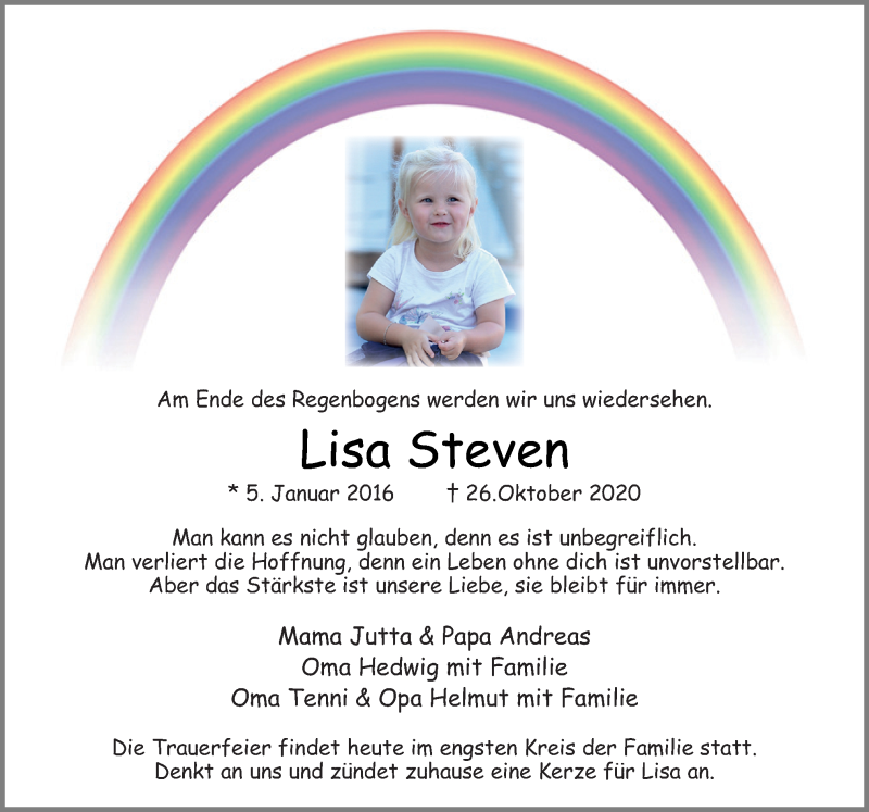  Traueranzeige für Lisa Steven vom 28.10.2020 aus Neue Osnabrücker Zeitung GmbH & Co. KG