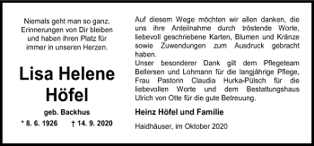 Traueranzeige von Lisa Helene Höfel von Neue Osnabrücker Zeitung GmbH & Co. KG