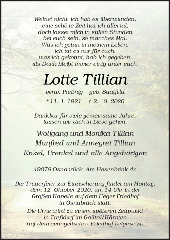 Traueranzeige von Lotte Tillian von Neue Osnabrücker Zeitung GmbH & Co. KG