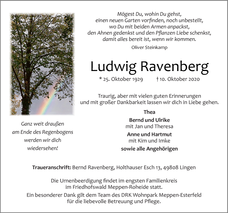  Traueranzeige für Ludwig Ravenberg vom 14.10.2020 aus Neue Osnabrücker Zeitung GmbH & Co. KG