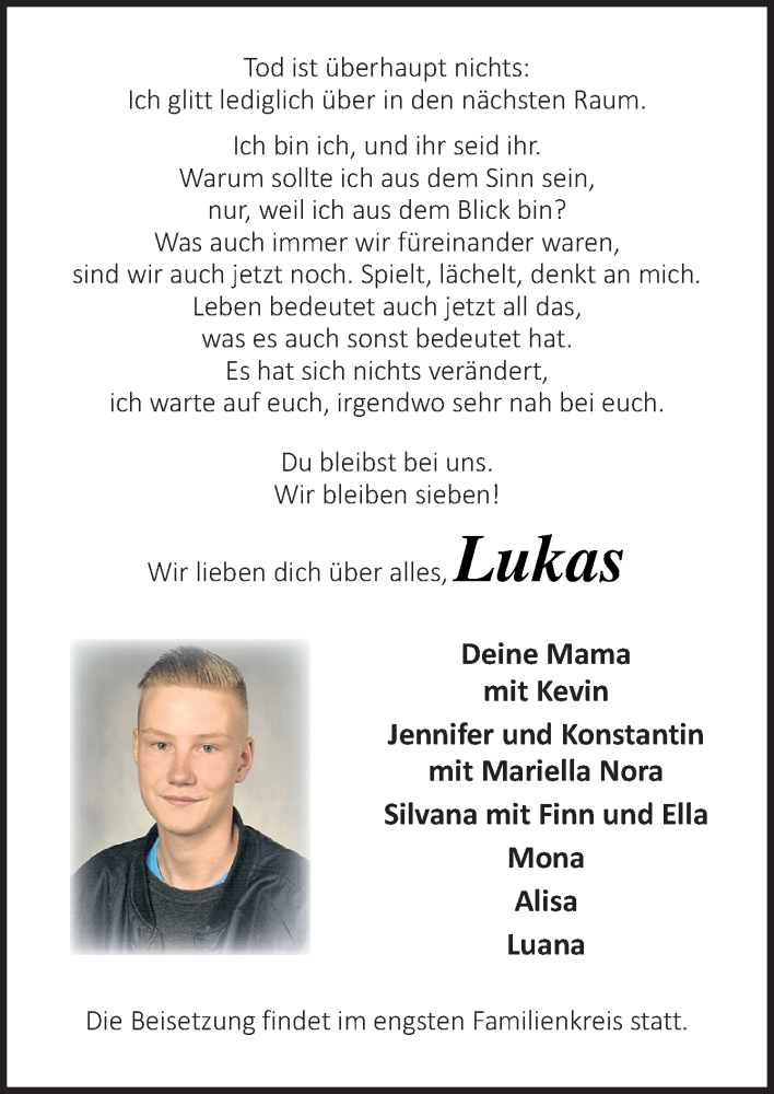  Traueranzeige für Lukas  vom 19.10.2020 aus Neue Osnabrücker Zeitung GmbH & Co. KG
