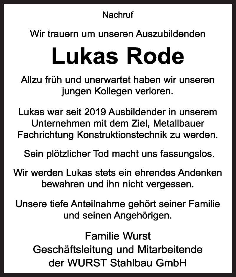  Traueranzeige für Lukas Rode vom 23.10.2020 aus Neue Osnabrücker Zeitung GmbH & Co. KG