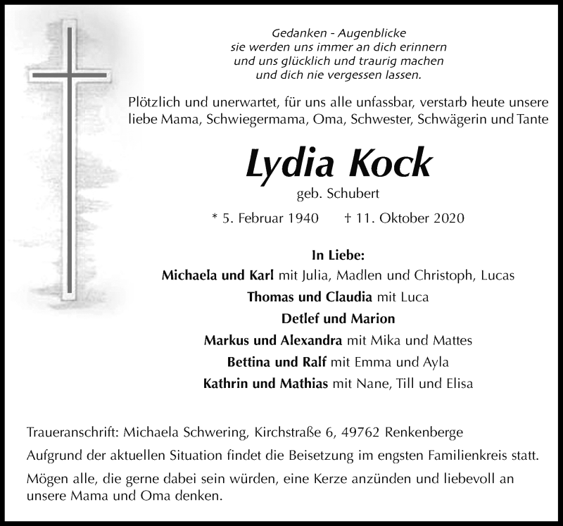  Traueranzeige für Lydia Kock vom 13.10.2020 aus Neue Osnabrücker Zeitung GmbH & Co. KG