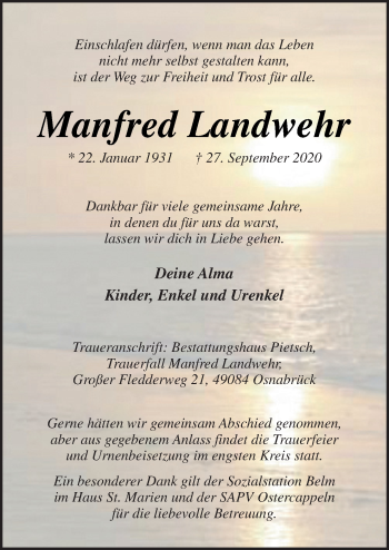 Traueranzeige von Manfred Landwehr von Neue Osnabrücker Zeitung GmbH & Co. KG