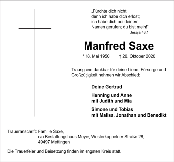 Traueranzeige von Manfred Saxe von Neue Osnabrücker Zeitung GmbH & Co. KG