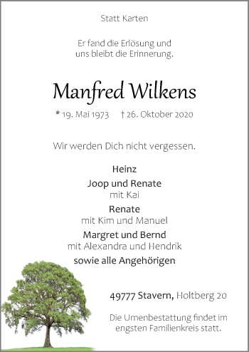 Traueranzeige von Manfred Wilkens von Neue Osnabrücker Zeitung GmbH & Co. KG