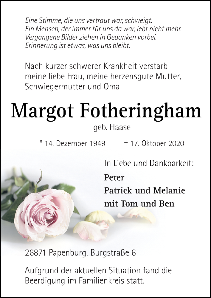  Traueranzeige für Margot Fotheringham vom 24.10.2020 aus Neue Osnabrücker Zeitung GmbH & Co. KG