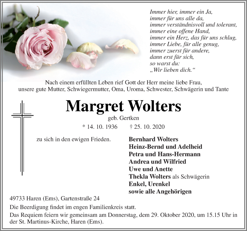  Traueranzeige für Margret Wolters vom 27.10.2020 aus Neue Osnabrücker Zeitung GmbH & Co. KG