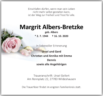 Traueranzeige von Margrit Albers-Bretzke von Neue Osnabrücker Zeitung GmbH & Co. KG