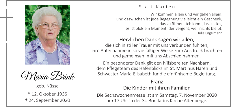  Traueranzeige für Maria Brink vom 30.10.2020 aus Neue Osnabrücker Zeitung GmbH & Co. KG
