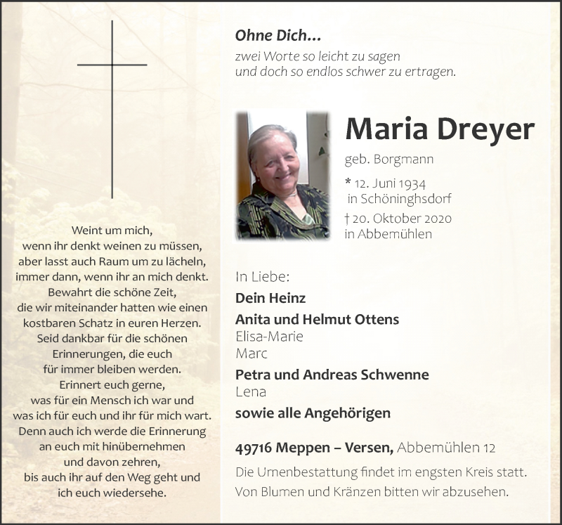  Traueranzeige für Maria Dreyer vom 22.10.2020 aus Neue Osnabrücker Zeitung GmbH & Co. KG