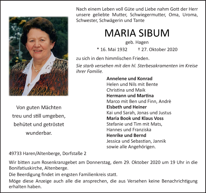  Traueranzeige für Maria Sibum vom 28.10.2020 aus Neue Osnabrücker Zeitung GmbH & Co. KG