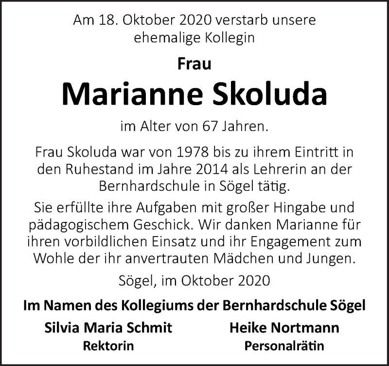  Traueranzeige für Marianne Skoluda vom 23.10.2020 aus Neue Osnabrücker Zeitung GmbH & Co. KG