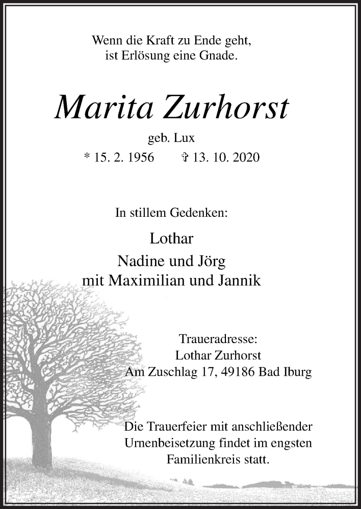  Traueranzeige für Marita Zurhorst vom 17.10.2020 aus Neue Osnabrücker Zeitung GmbH & Co. KG