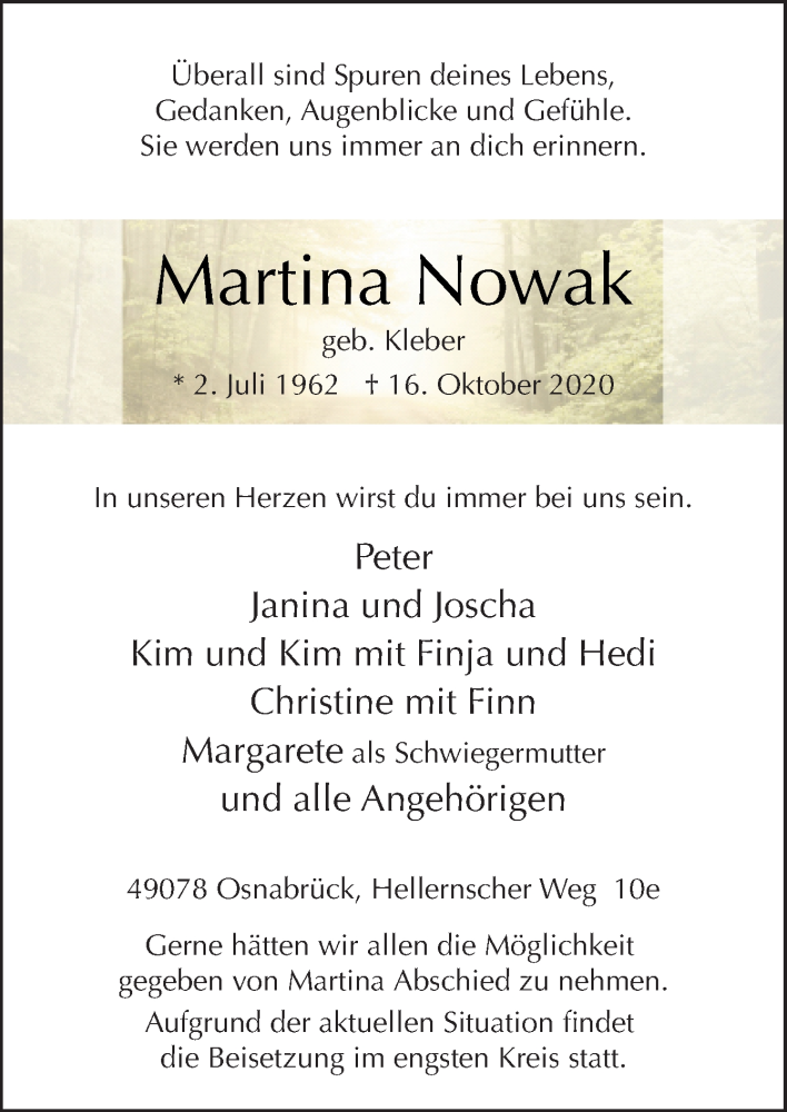  Traueranzeige für Martina Nowak vom 21.10.2020 aus Neue Osnabrücker Zeitung GmbH & Co. KG