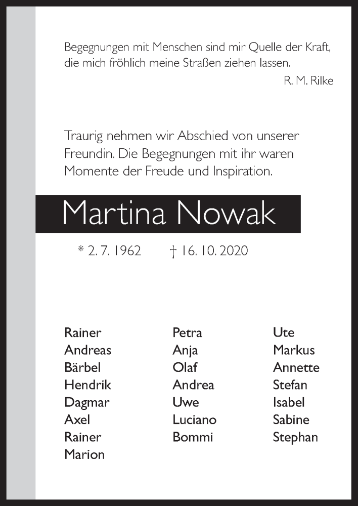  Traueranzeige für Martina Nowak vom 21.10.2020 aus Neue Osnabrücker Zeitung GmbH & Co. KG
