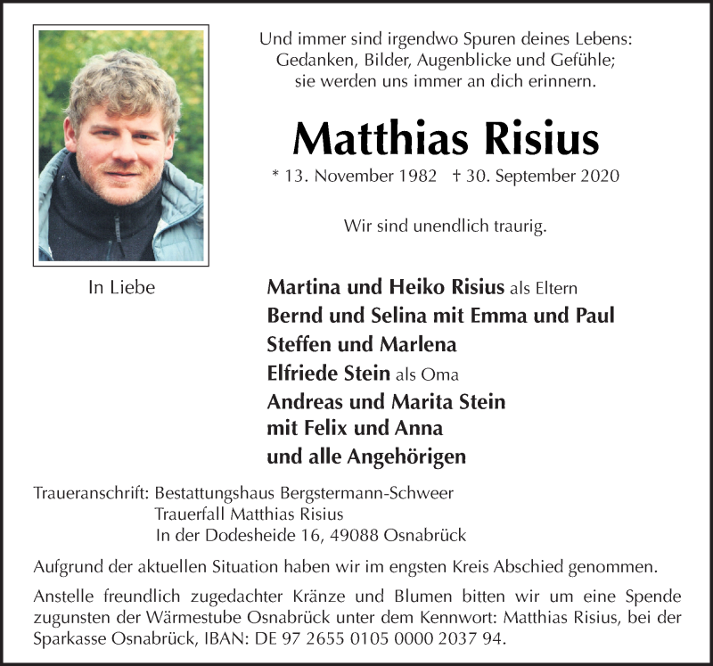  Traueranzeige für Matthias Risius vom 10.10.2020 aus Neue Osnabrücker Zeitung GmbH & Co. KG