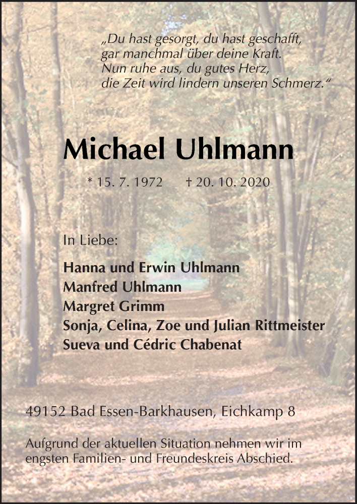  Traueranzeige für Michael Uhlmann vom 29.10.2020 aus Neue Osnabrücker Zeitung GmbH & Co. KG