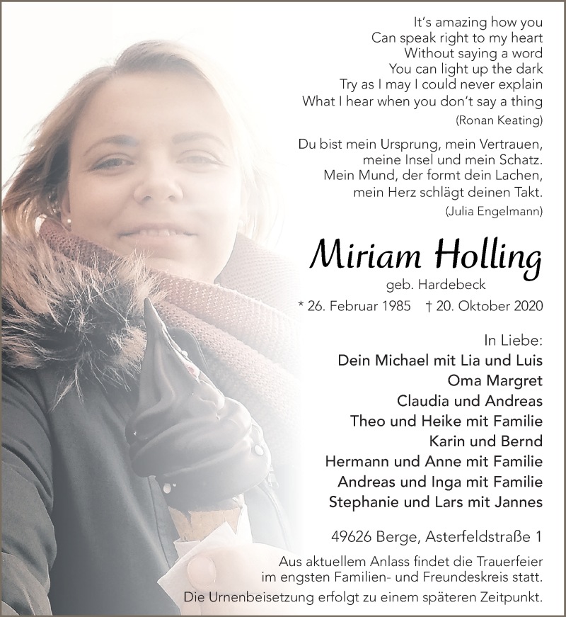  Traueranzeige für Miriam Holling vom 24.10.2020 aus Neue Osnabrücker Zeitung GmbH & Co. KG