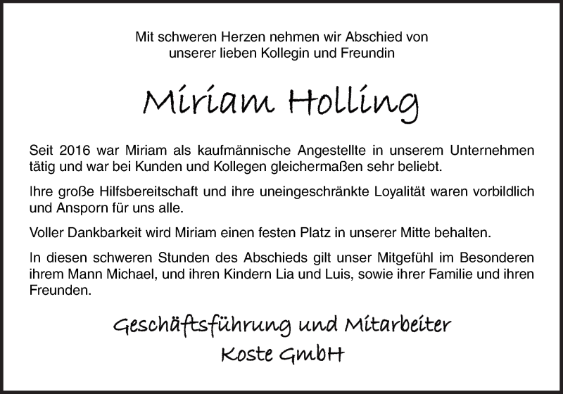  Traueranzeige für Miriam Holling vom 27.10.2020 aus Neue Osnabrücker Zeitung GmbH & Co. KG