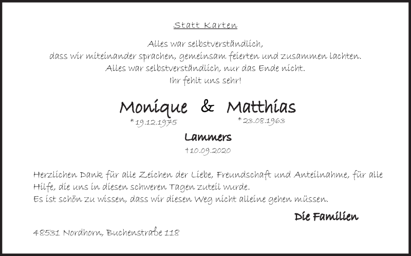 Traueranzeige für Monique und Matthias Lammers vom 24.10.2020 aus Neue Osnabrücker Zeitung GmbH & Co. KG