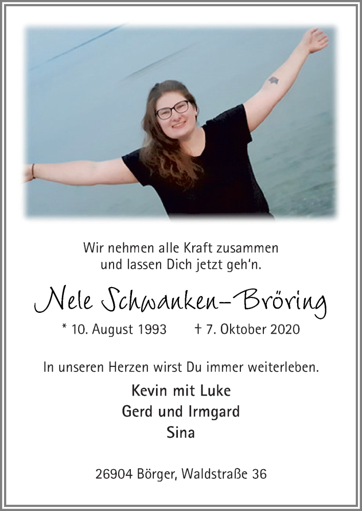  Traueranzeige für Nele Schwanken-Bröring vom 10.10.2020 aus Neue Osnabrücker Zeitung GmbH & Co. KG