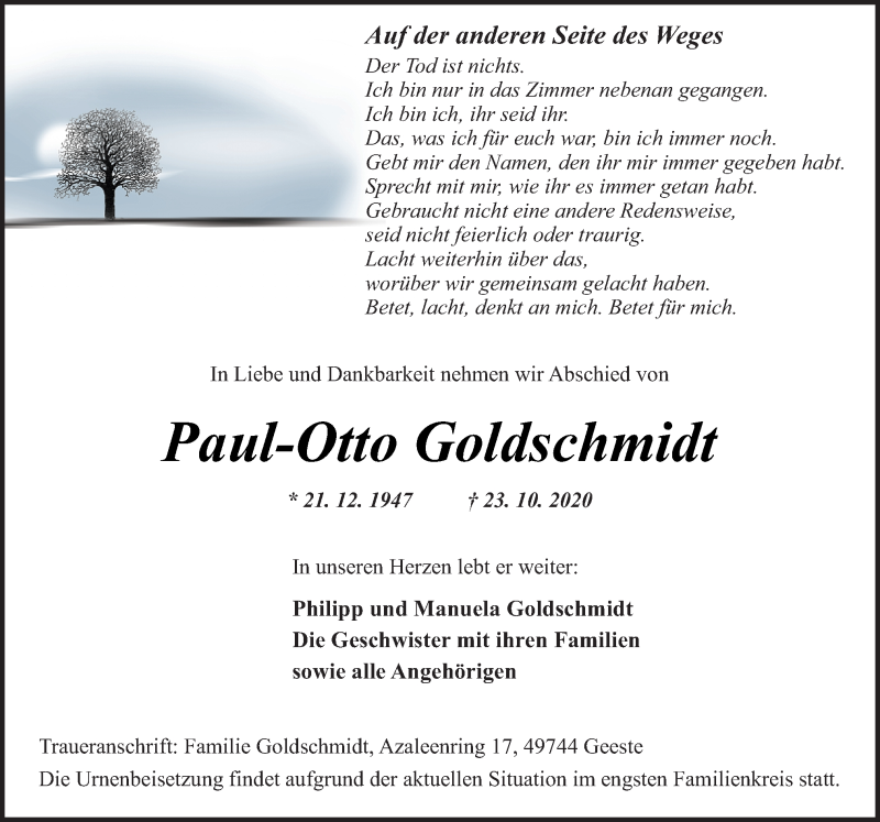 Traueranzeige für Paul-Otto Goldschmidt vom 28.10.2020 aus Neue Osnabrücker Zeitung GmbH & Co. KG