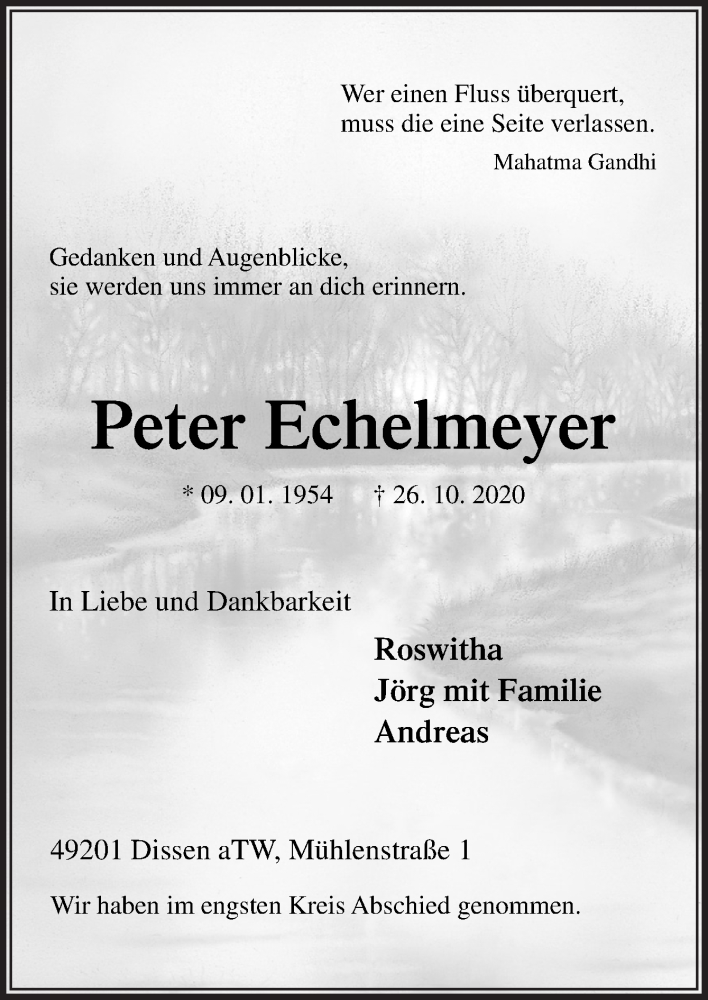  Traueranzeige für Peter Echelmeyer vom 30.10.2020 aus Neue Osnabrücker Zeitung GmbH & Co. KG