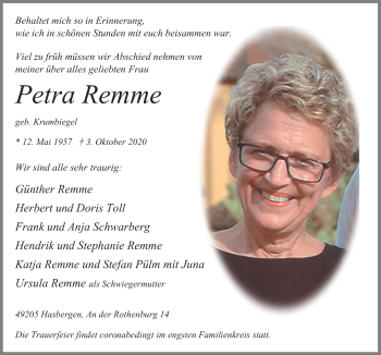 Traueranzeige von Petra Remme von Neue Osnabrücker Zeitung GmbH & Co. KG