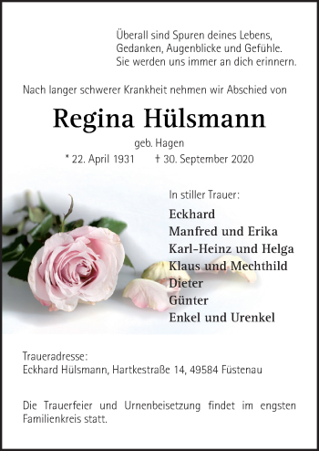 Traueranzeige von Regina Hülsmann von Neue Osnabrücker Zeitung GmbH & Co. KG