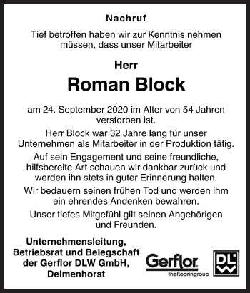 Traueranzeige von Roman Block von Neue Osnabrücker Zeitung GmbH & Co. KG