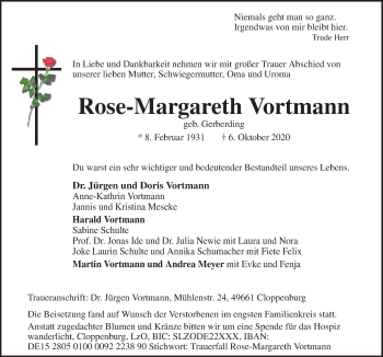 Traueranzeige von Rose-Margareth Vortmann von Neue Osnabrücker Zeitung GmbH & Co. KG