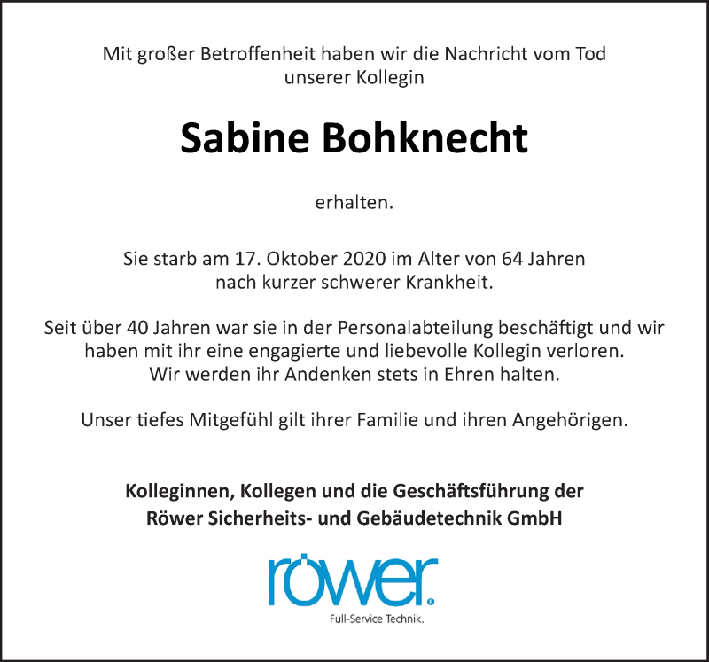  Traueranzeige für Sabine Bohknecht vom 24.10.2020 aus Neue Osnabrücker Zeitung GmbH & Co. KG
