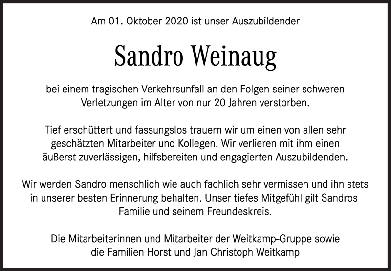  Traueranzeige für Sandro Weinaug vom 09.10.2020 aus Neue Osnabrücker Zeitung GmbH & Co. KG