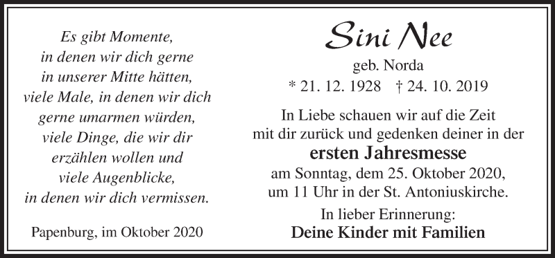  Traueranzeige für Sini Nee vom 22.10.2020 aus Neue Osnabrücker Zeitung GmbH & Co. KG