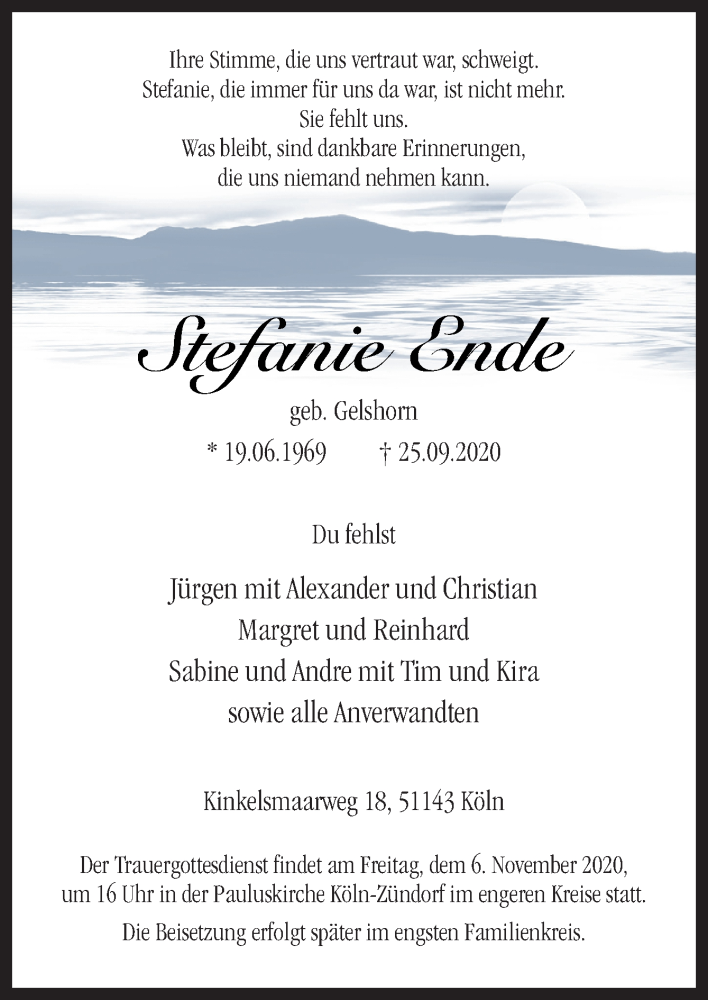  Traueranzeige für Stefanie Ende vom 17.10.2020 aus Neue Osnabrücker Zeitung GmbH & Co. KG