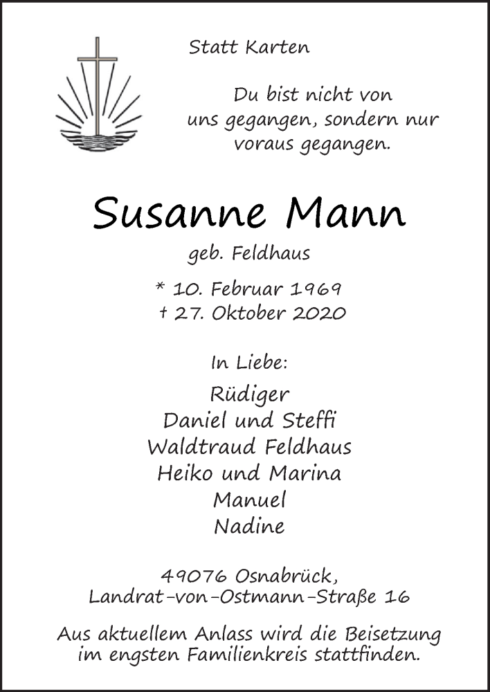  Traueranzeige für Susanne Mann vom 30.10.2020 aus Neue Osnabrücker Zeitung GmbH & Co. KG