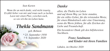 Traueranzeige von Thekla Sandmann von Neue Osnabrücker Zeitung GmbH & Co. KG