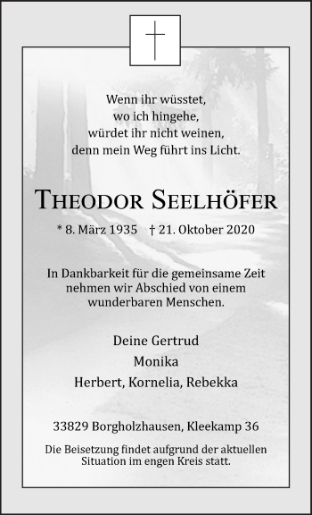 Traueranzeige von Theodor Seelhöfer von Neue Osnabrücker Zeitung GmbH & Co. KG