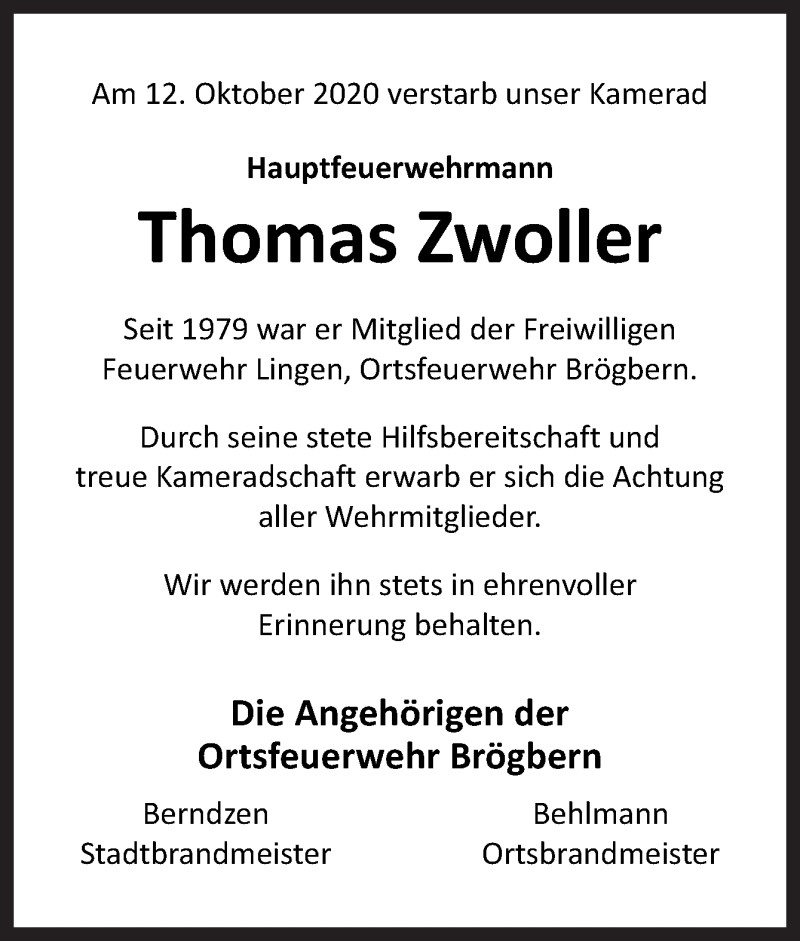  Traueranzeige für Thomas Zwoller vom 16.10.2020 aus Neue Osnabrücker Zeitung GmbH & Co. KG