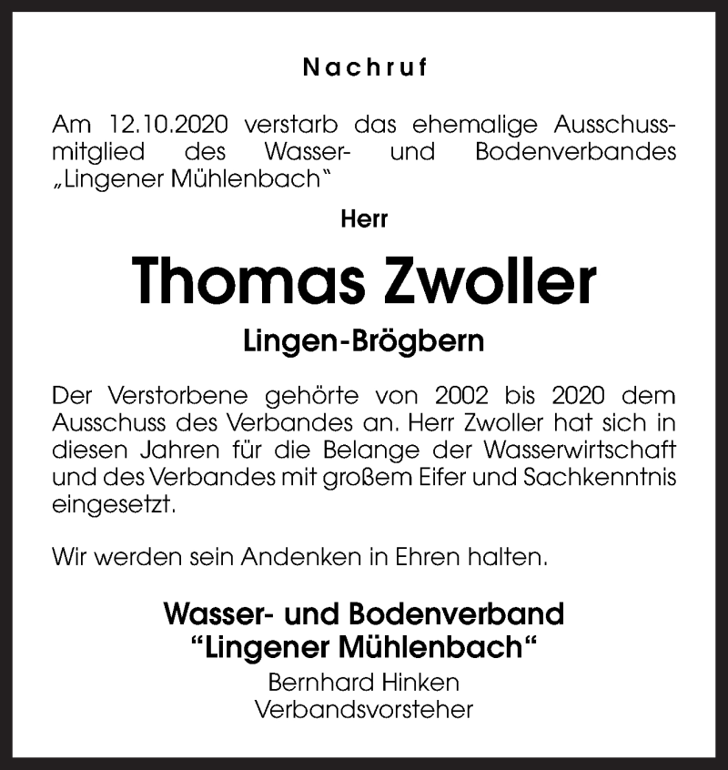  Traueranzeige für Thomas Zwoller vom 19.10.2020 aus Neue Osnabrücker Zeitung GmbH & Co. KG