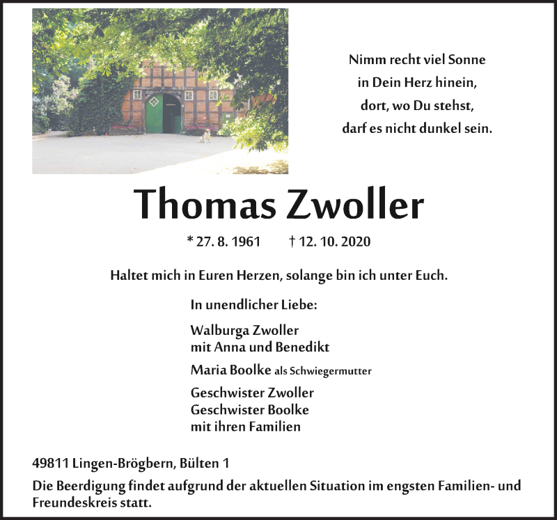  Traueranzeige für Thomas Zwoller vom 15.10.2020 aus Neue Osnabrücker Zeitung GmbH & Co. KG