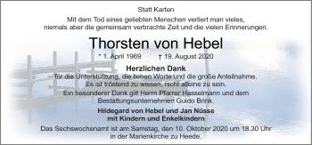 Traueranzeige von Thorsten von Hebel von Neue Osnabrücker Zeitung GmbH & Co. KG