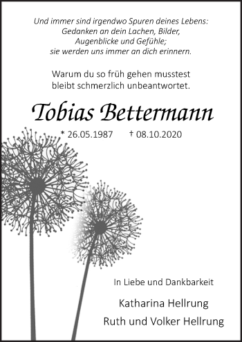 Traueranzeige von Tobias Bettermann von Neue Osnabrücker Zeitung GmbH & Co. KG